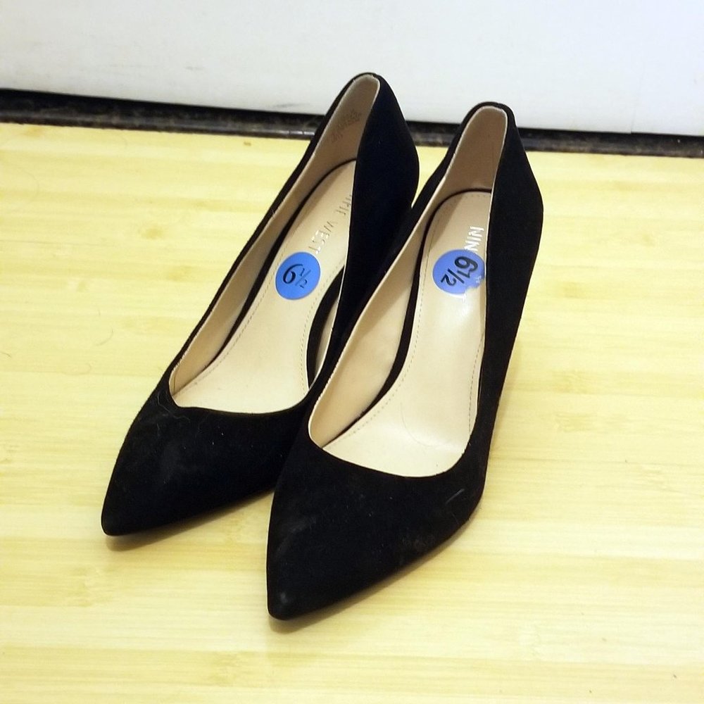 Nine West Block Heeled Black Velvet Pumps, 6.5M
